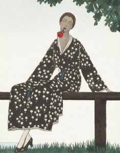 Asian woman on a bench with a rose in her mouth